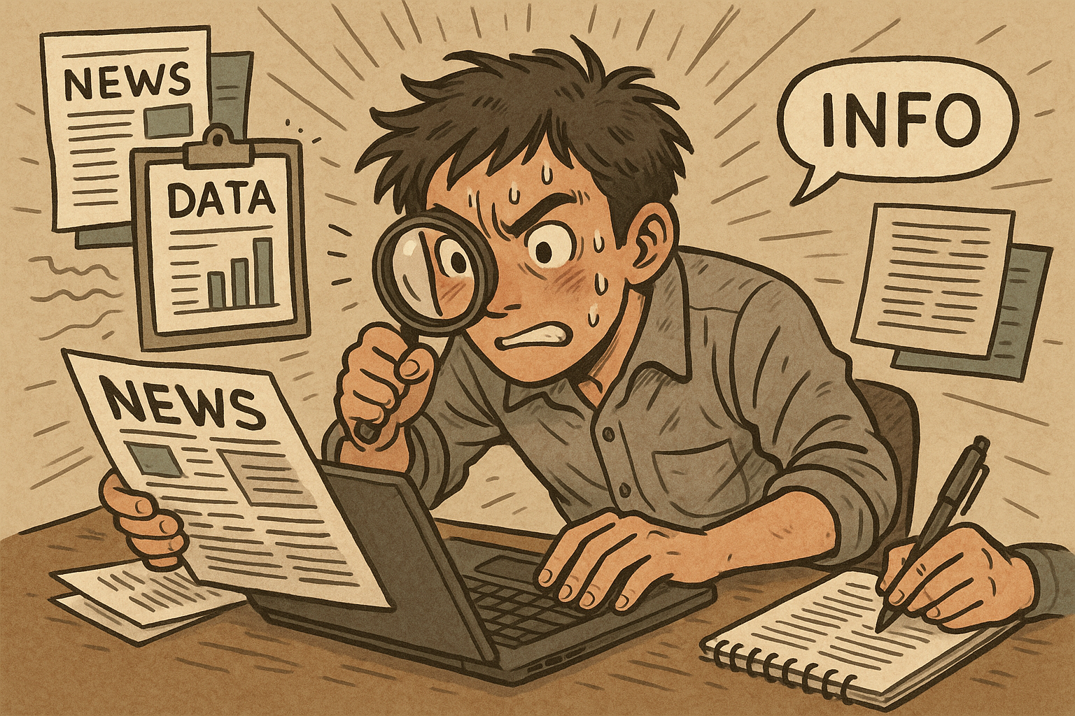 情報収集に追われる人のイラスト